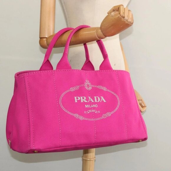 PRADA Canapa GM Hand Bag Canvas Pink Gold Auth 137774 - Picture 3 of 16